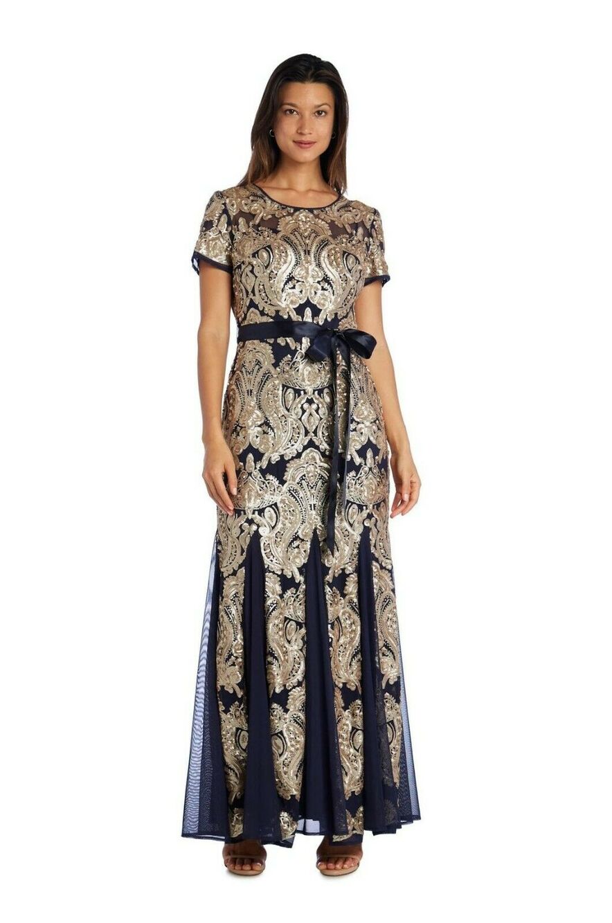 Evening Gown with Fishtail Sequins Dress Short Sleeves Round Neck Navy Gold 16